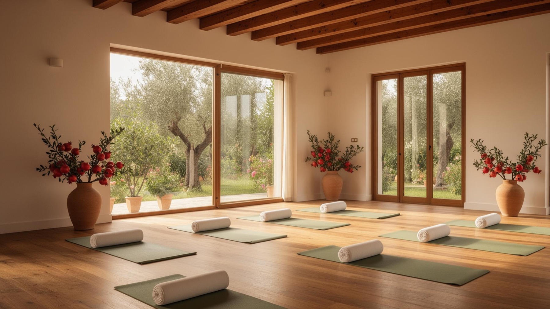 Offenes Yoga-Studio mit Bambuswänden und Blick in den Obstgarten